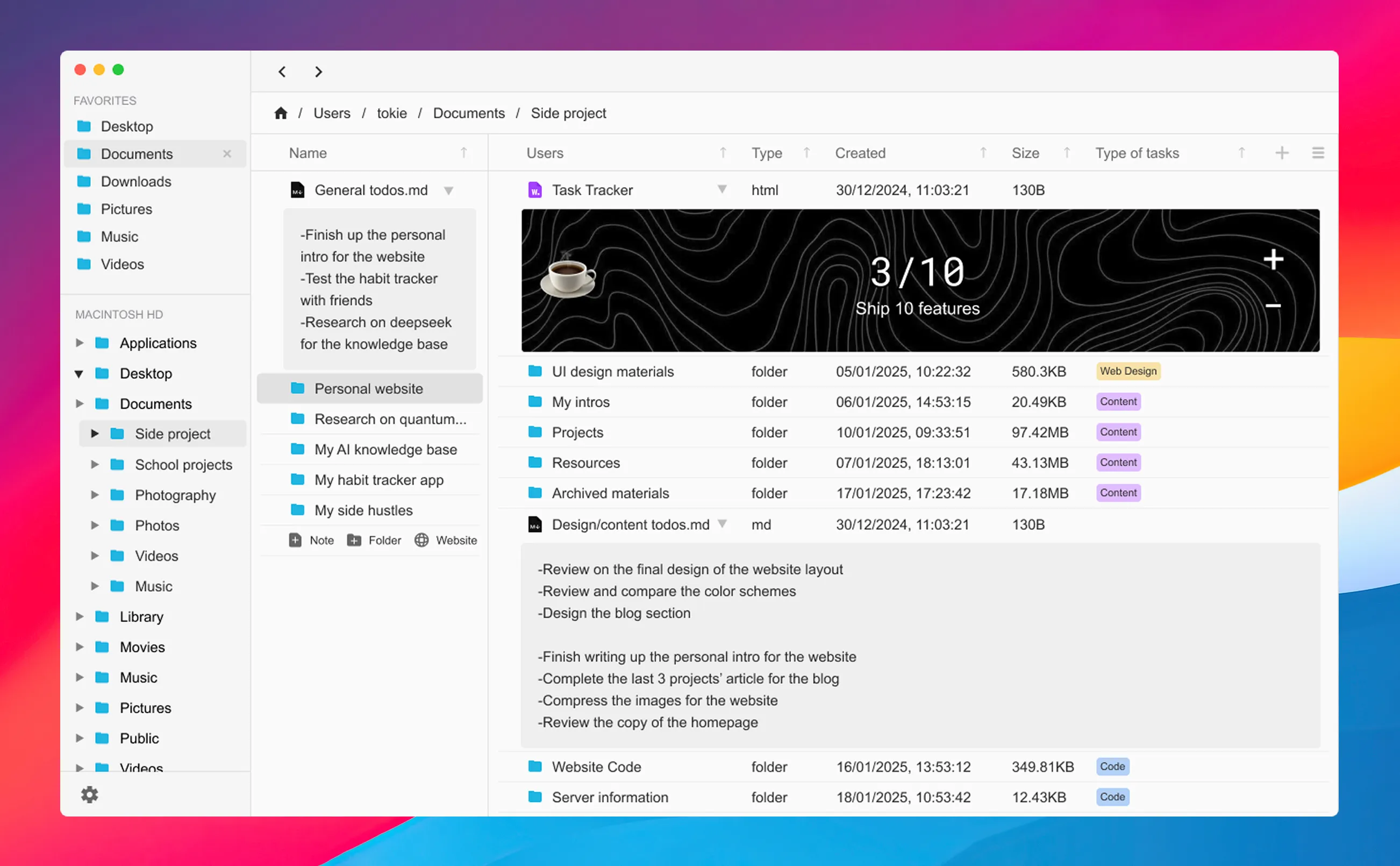 UI of Tokie file manager showing the main interface