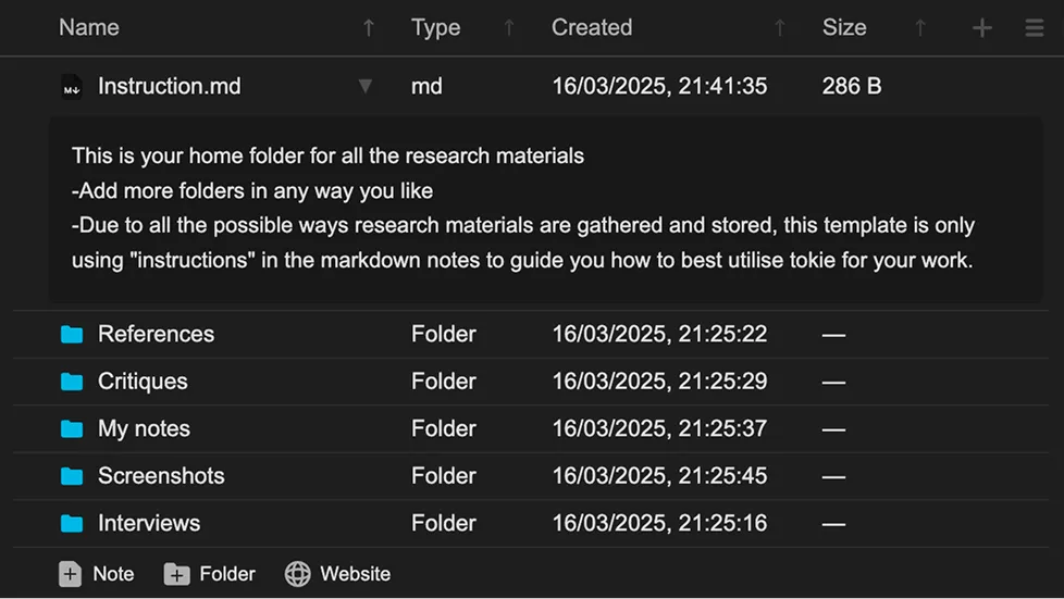 UI showing an example of a folder with inline markdown expanded, with customised layout