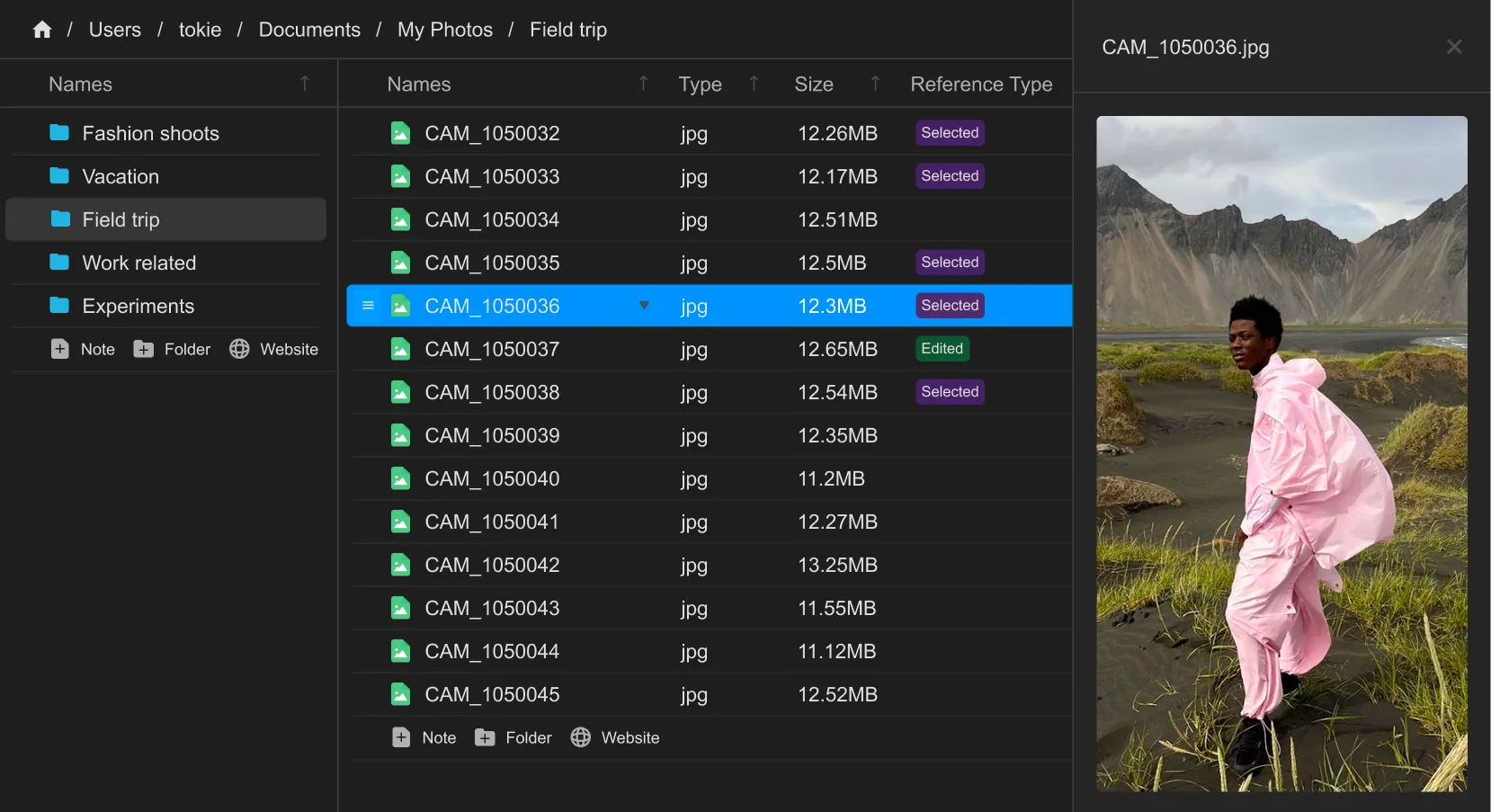 UI showing how images can be organised and viewed with side peek panel in tokie
