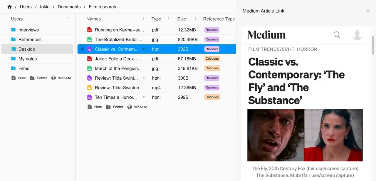 A folder in tokie with custom fields and a weblink open in the side peek panel