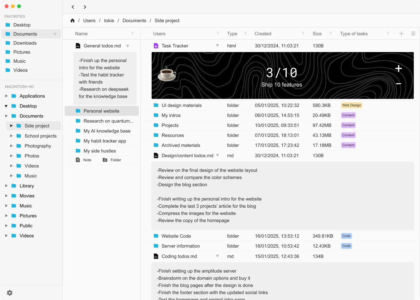 Screenshot of the tokie-showing main features
