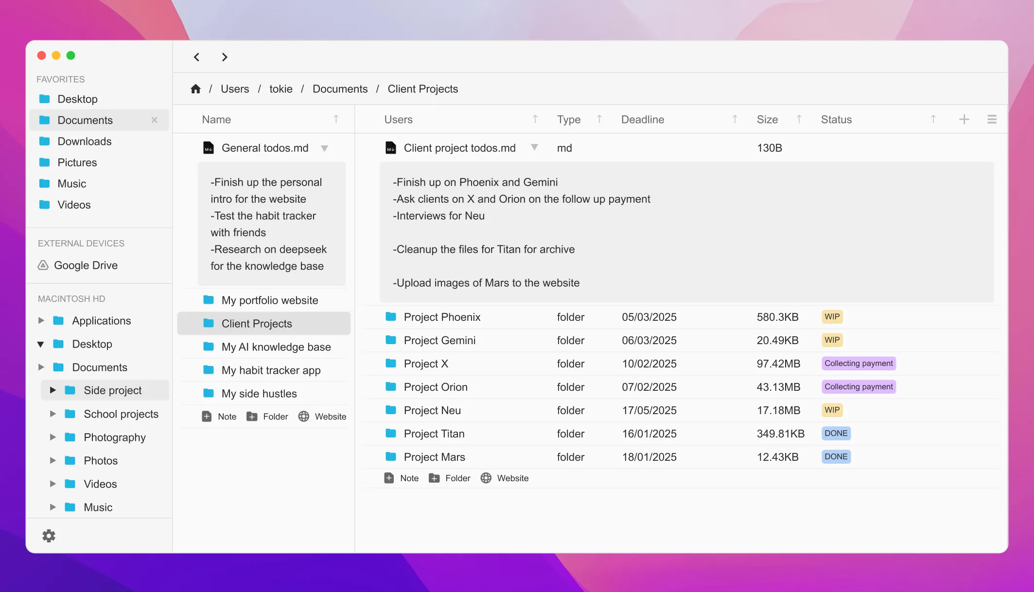 A folder of projects with custom status fields in Tokie